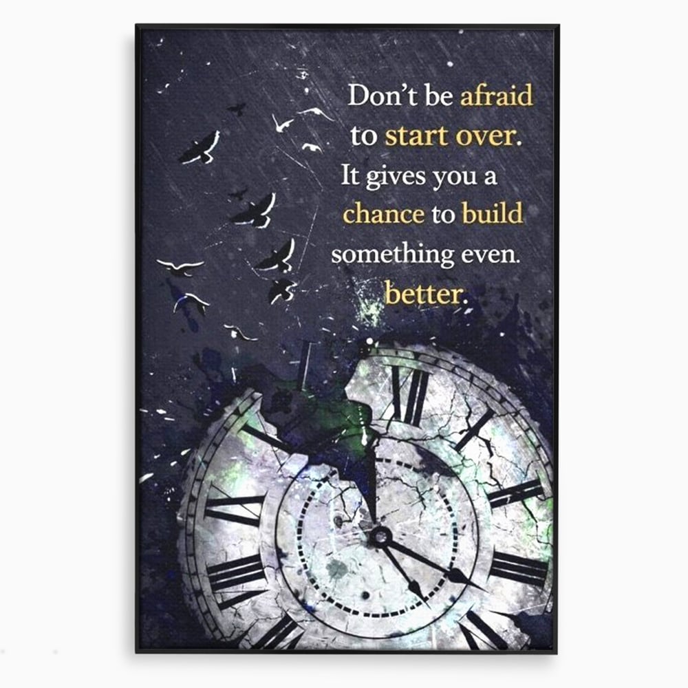 Tablou canvas cu tablou motivational cu ceas spart si pasarile zburatoare, in rama de aluminiu negru